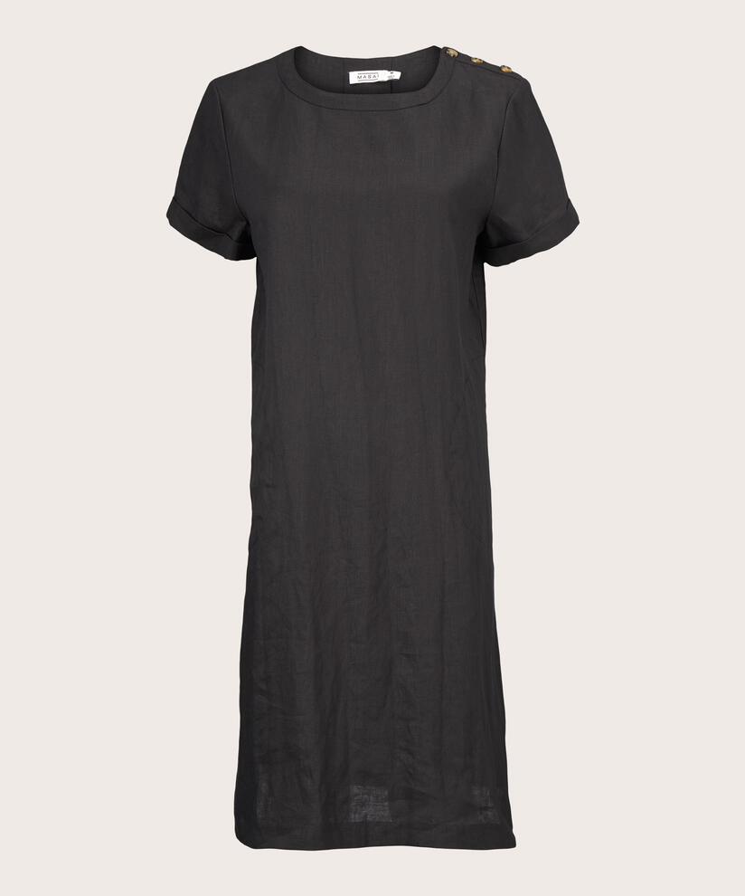 robe à manches courtes en lin avec bouton, Black