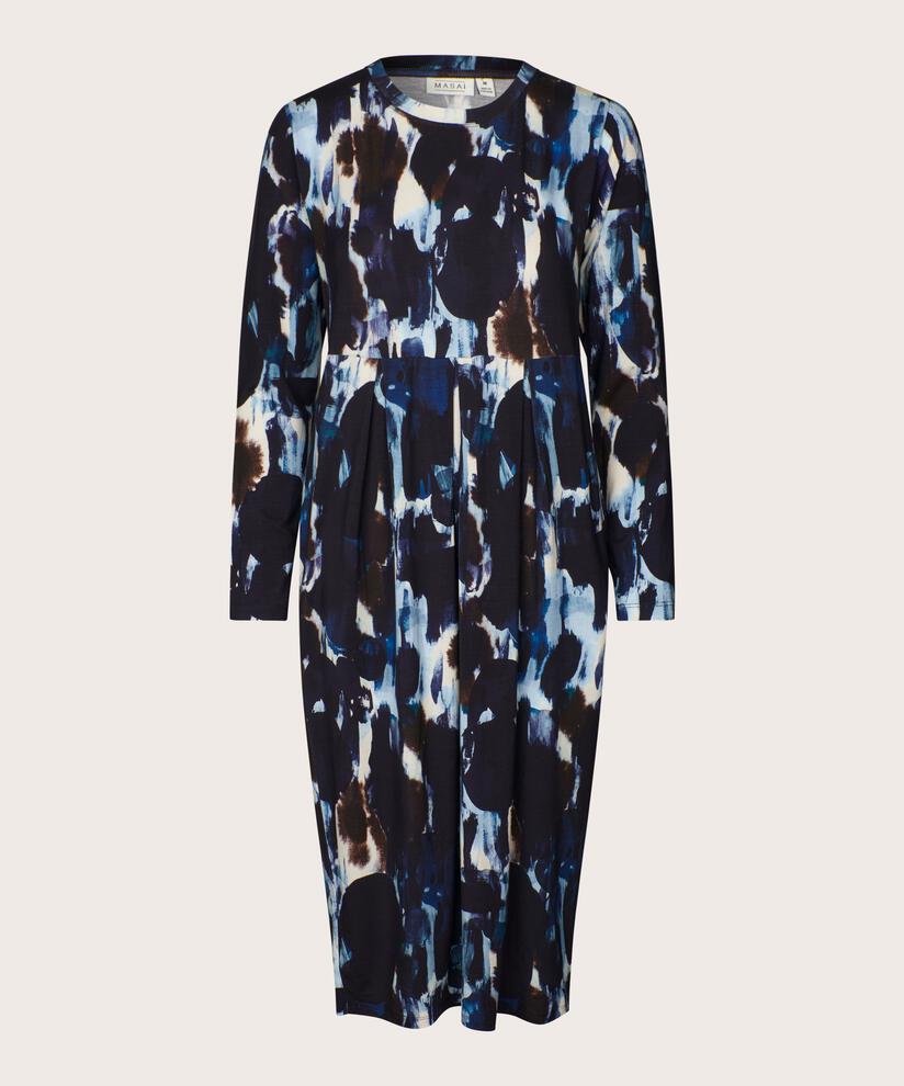 robe tulipe à motifs avec manches longues, Maritime Blue