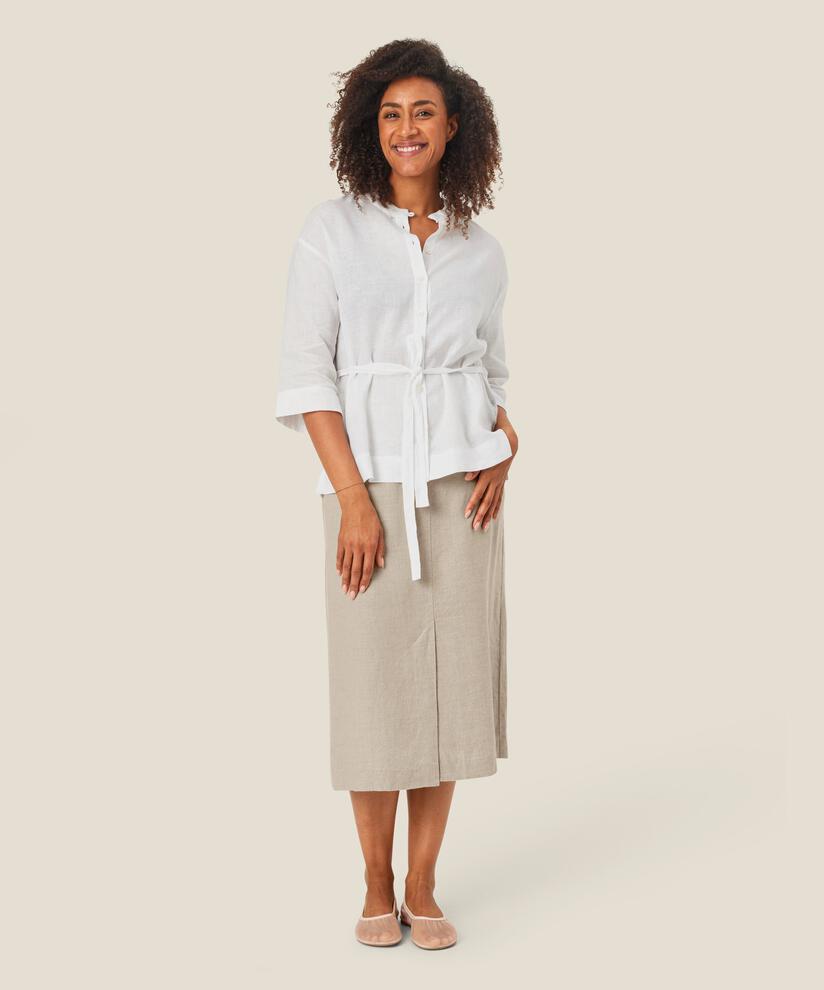 chemise en lin à manches trois-quarts et lien à la taille, White