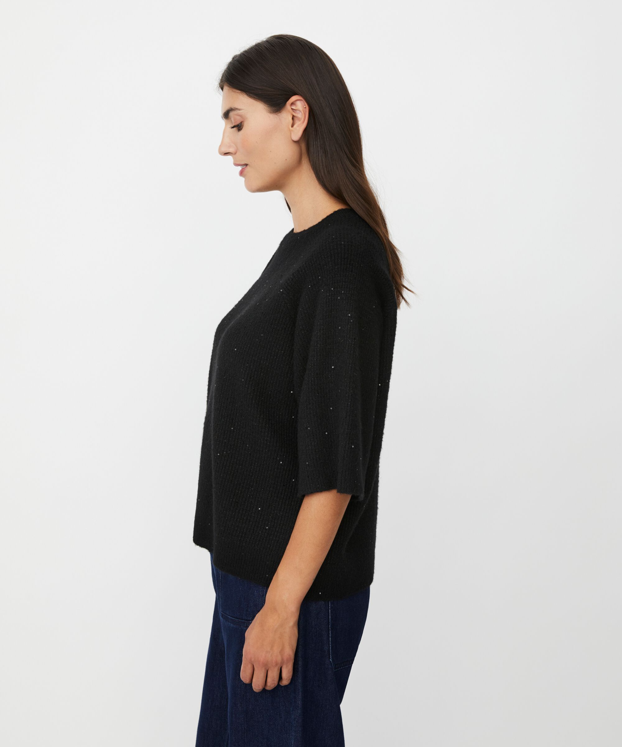 pull à manches courtes en laine mélangée avec paillettes, Black