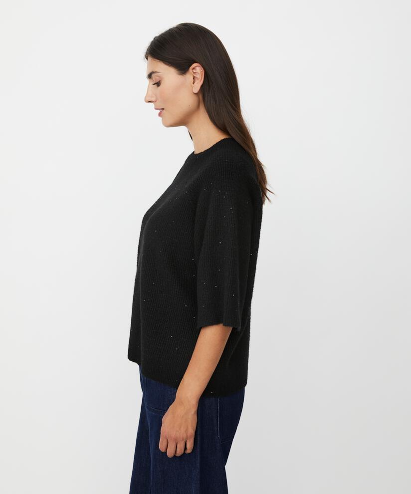 pull à manches courtes en laine mélangée avec paillettes, Black