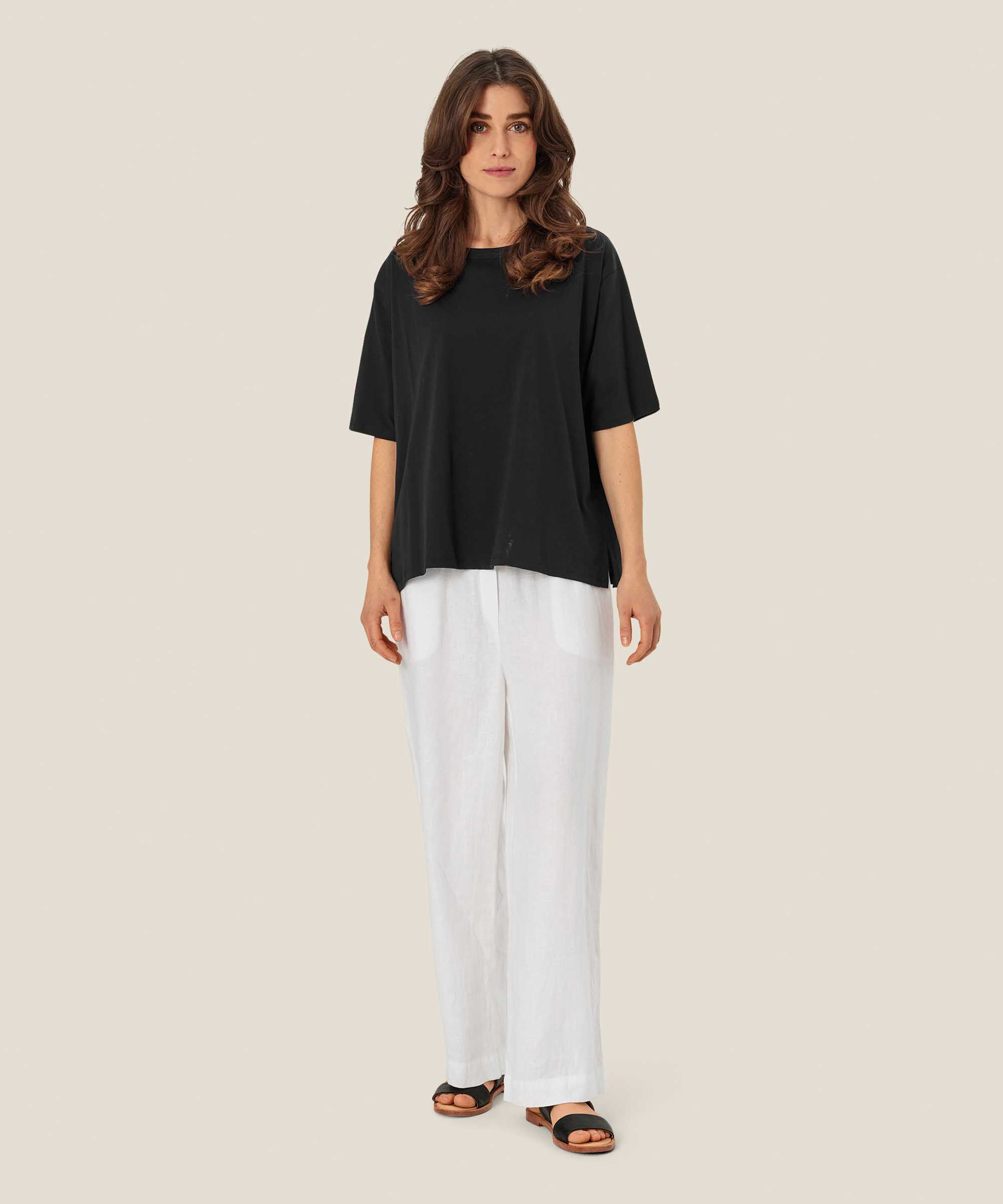 pantalon en lin à jambes larges et taille élastique, White