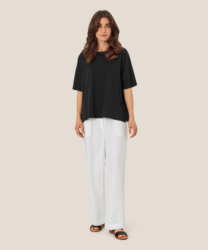 pantalon en lin à jambes larges et taille élastique, White