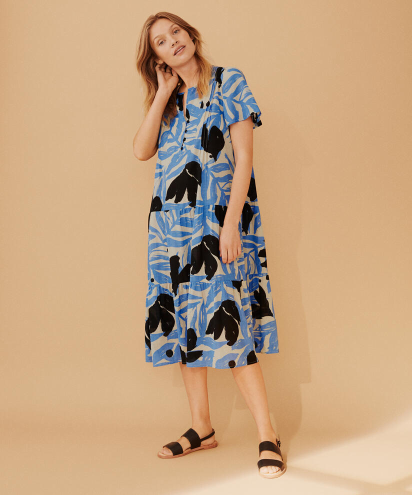 robe en coton mélangé imprimé à manches chauve-souris, Marina