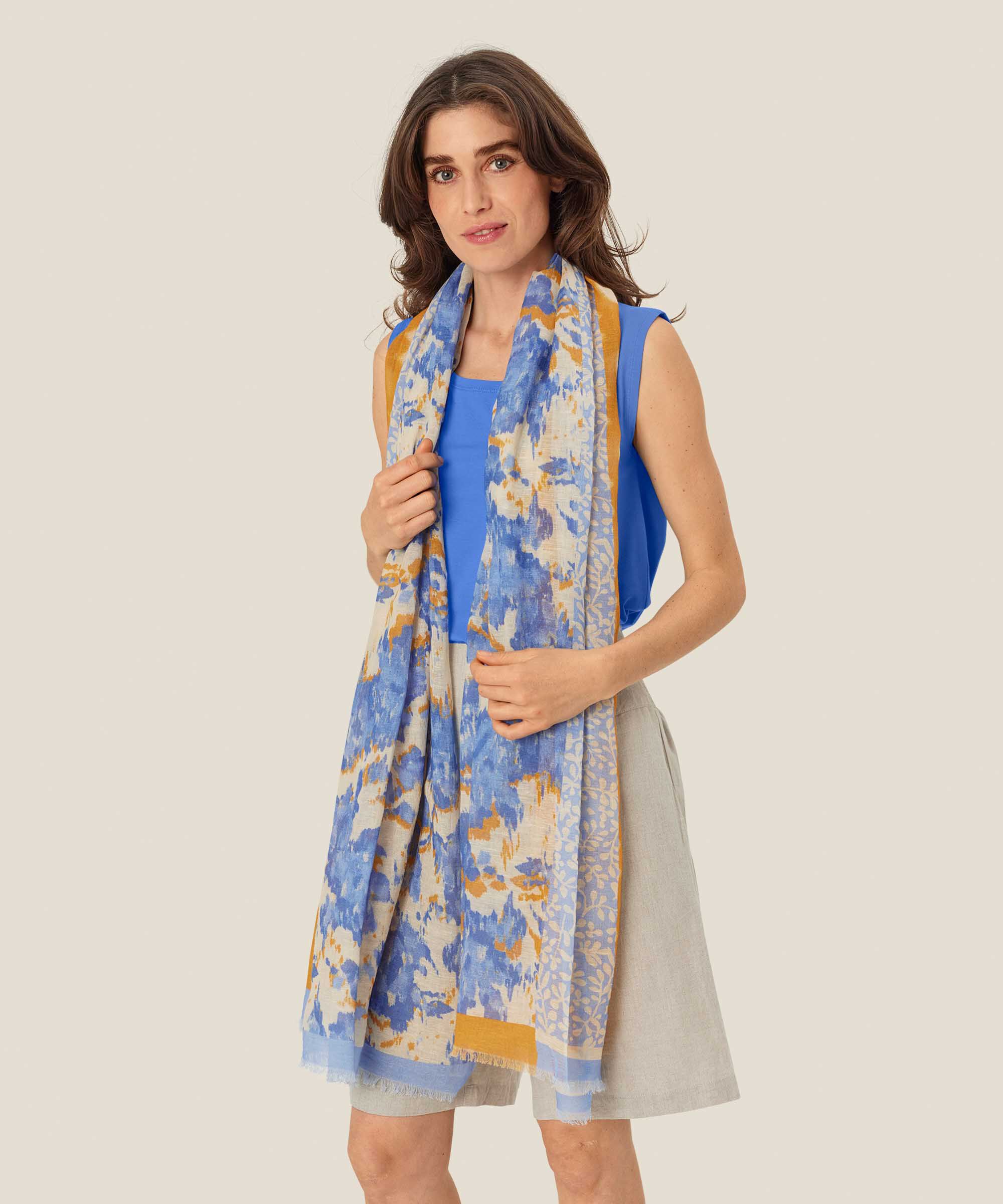 écharpe en mélange de lin à motifs, Nebulas Blue