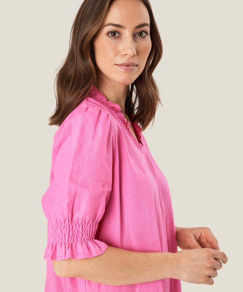 robe en lin à manches courtes et décolleté à volants, Azalea Pink
