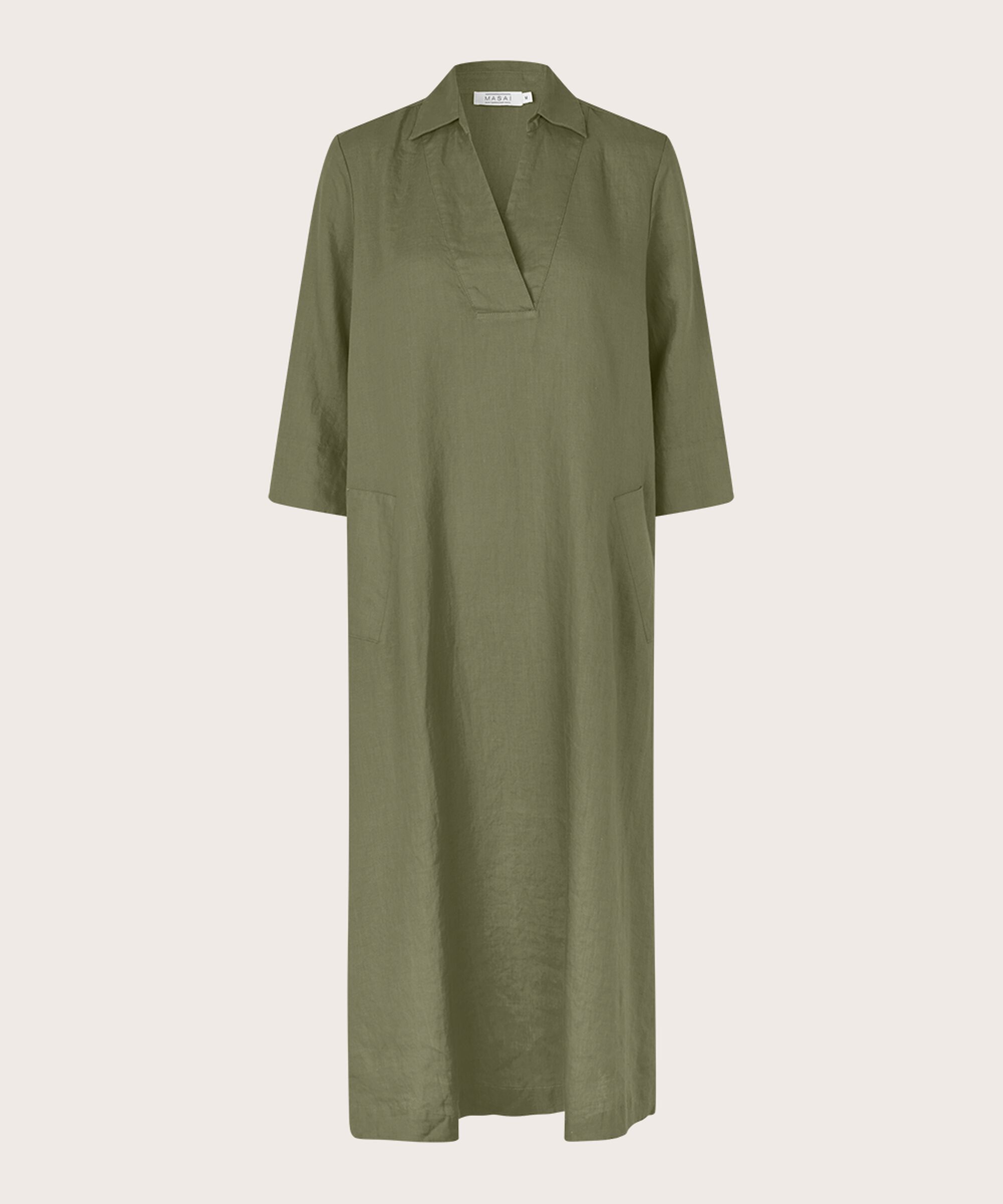 robe en lin avec col en V et poches, D. Lichen Green