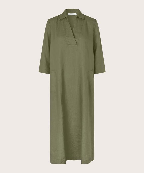 robe en lin avec col en V et poches, D. Lichen Green