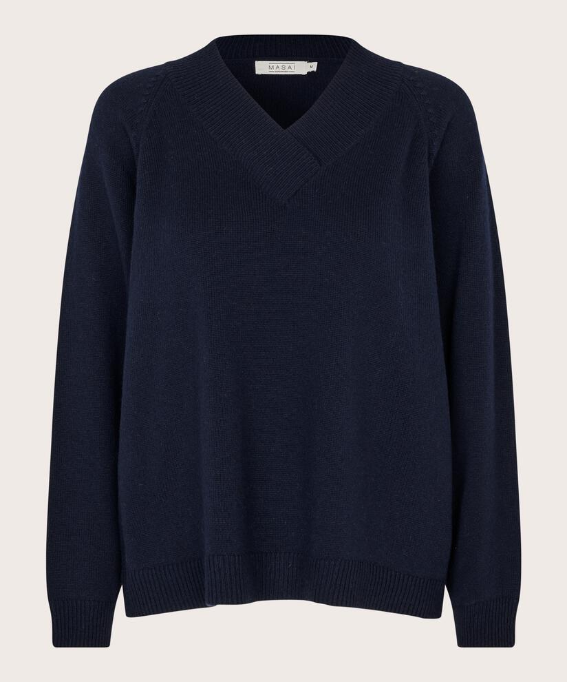 pull en laine mélangée avec col en V profond, Navy Blazer
