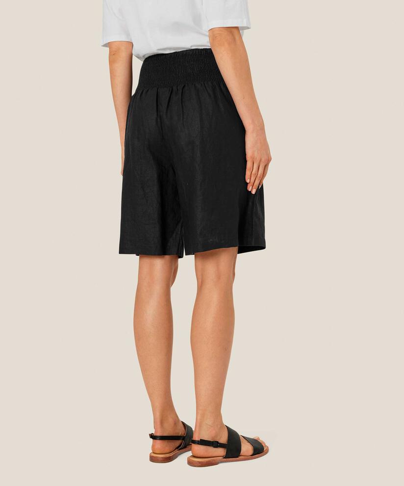 Short En Lin Avec Élastique Smocké Au Dos, Black