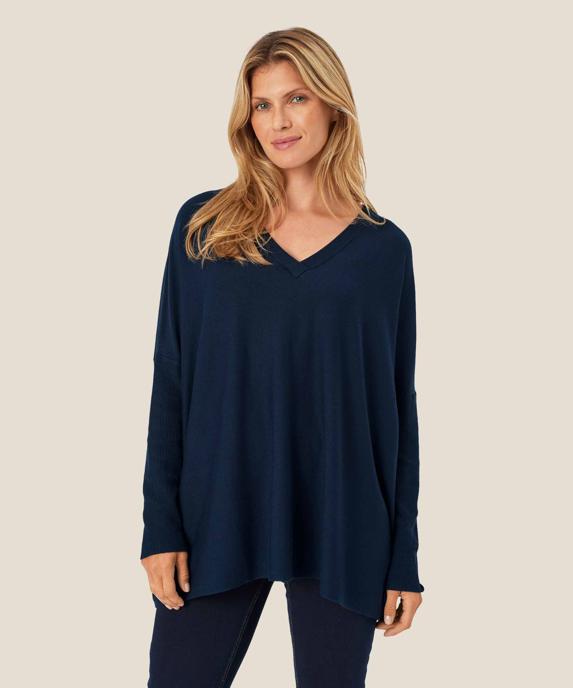 Pull En Maille Avec Col En V Et Manches Étroites, Navy Blazer