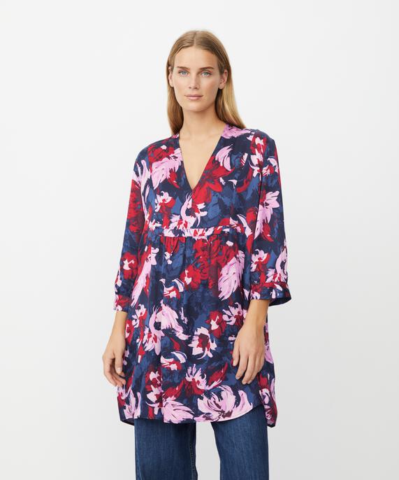 Tunique Fleurie En Viscose Avec Col En V, Scarlet Sage