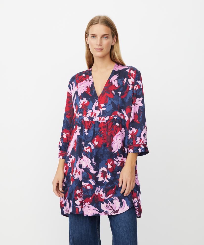 Tunique Fleurie En Viscose Avec Col En V, Scarlet Sage