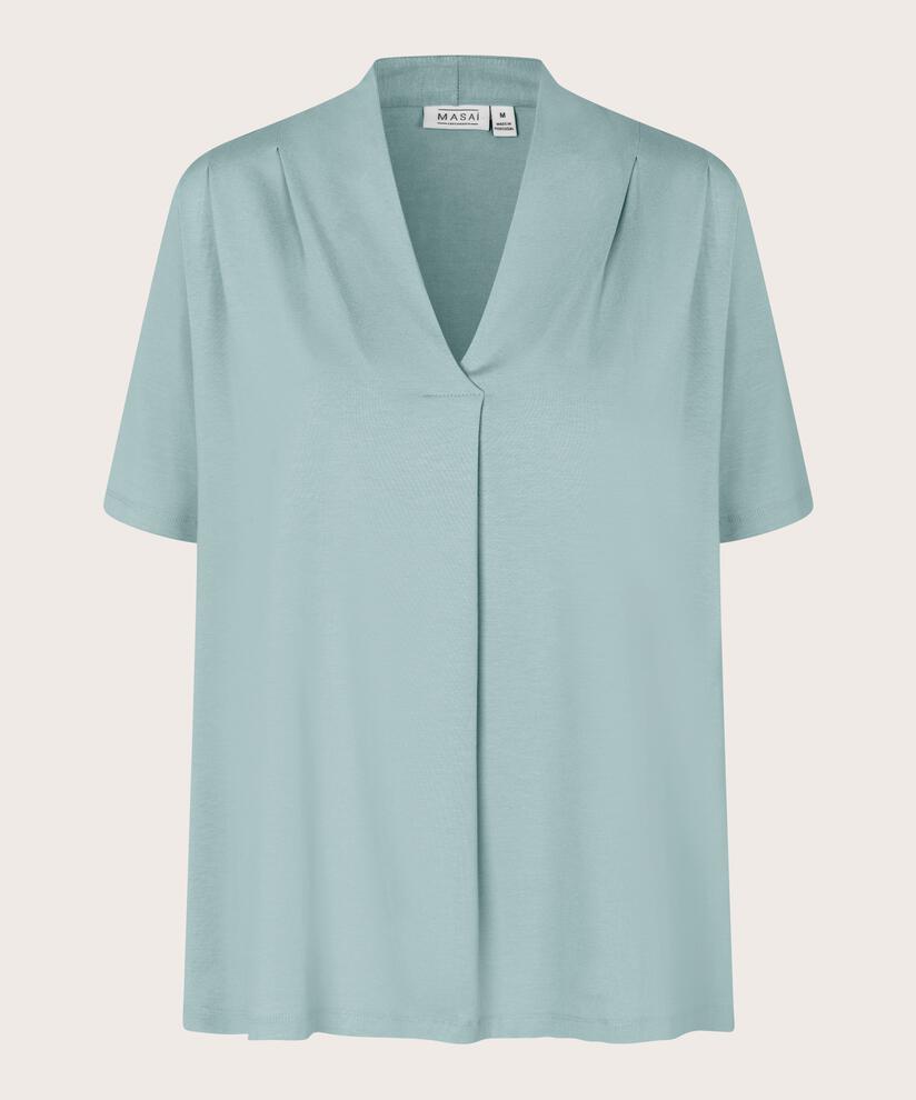 t-shirt avec col en V et drapés, Blue Haze