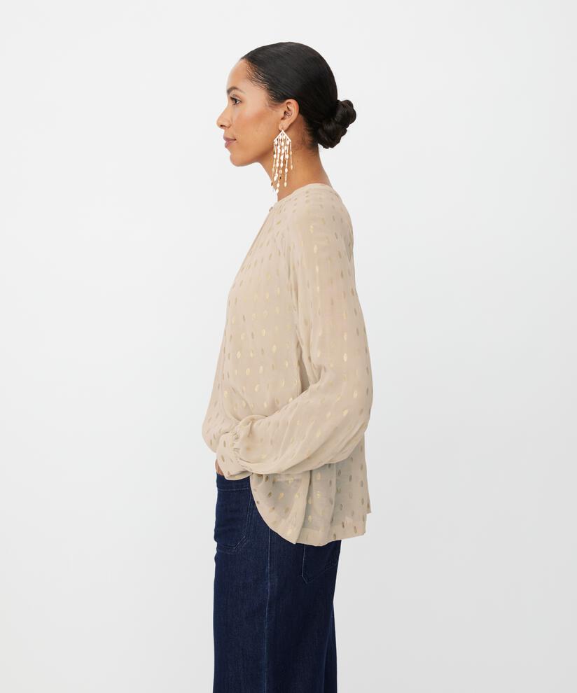 Blouse légèrement transparent à pois dorés et bouton au col, Oxford Tan
