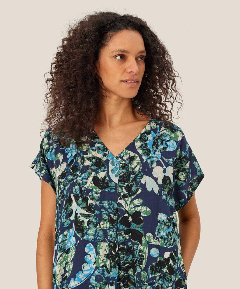 Robe En Viscose Imprimée Avec Col En V, Mood Indigo