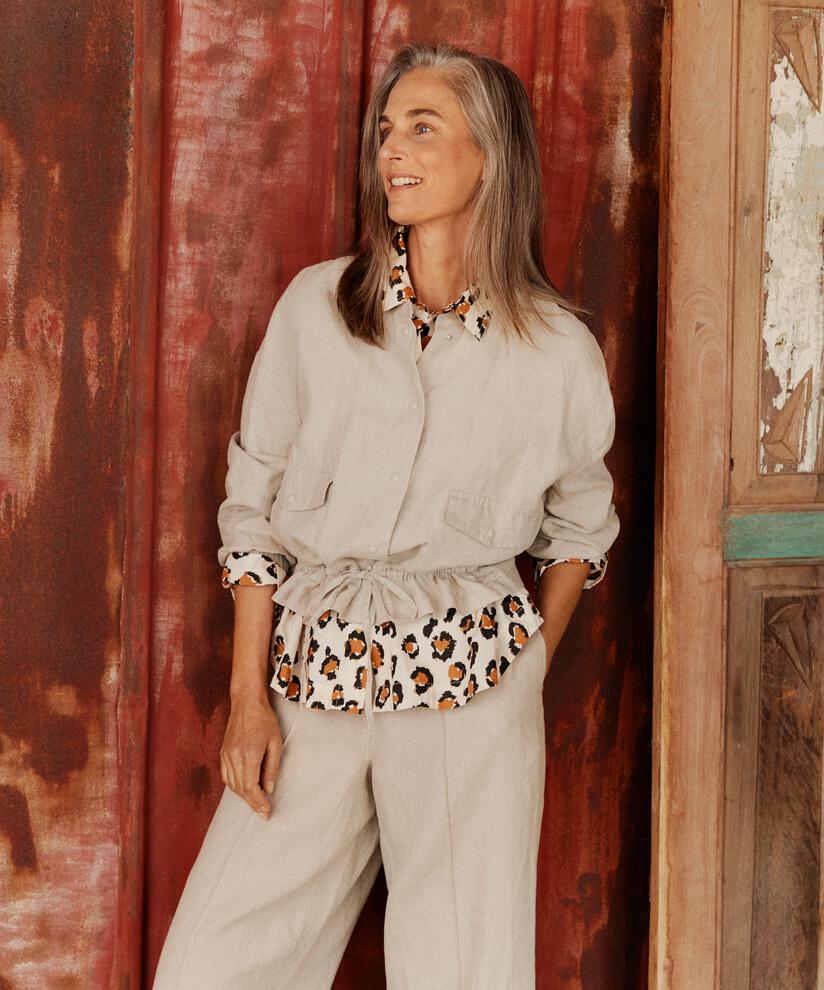 veste en lin avec lien à la taille, Natural