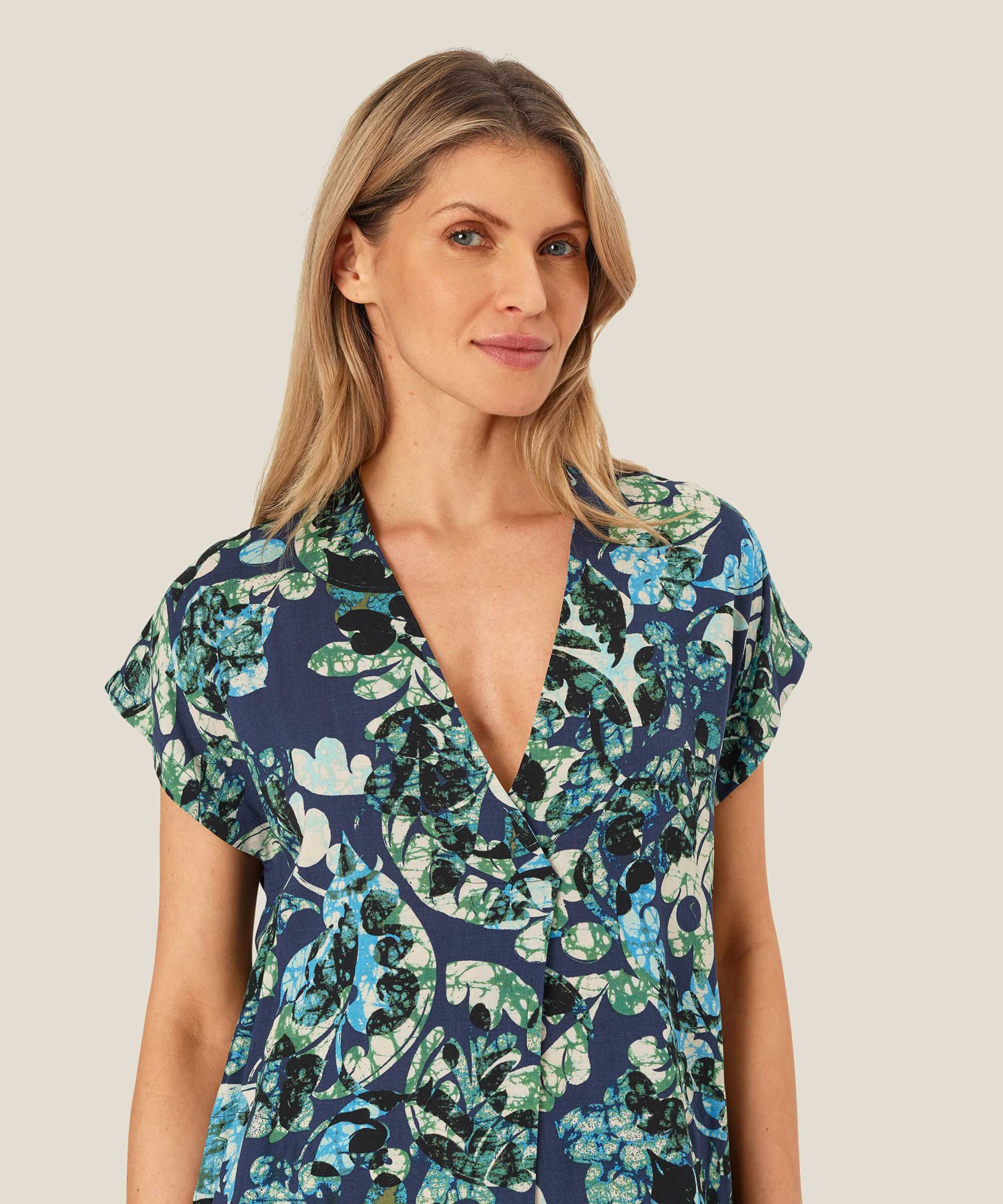 Robe En Viscose Imprimée Avec Décolleté En V Profond, Mood Indigo