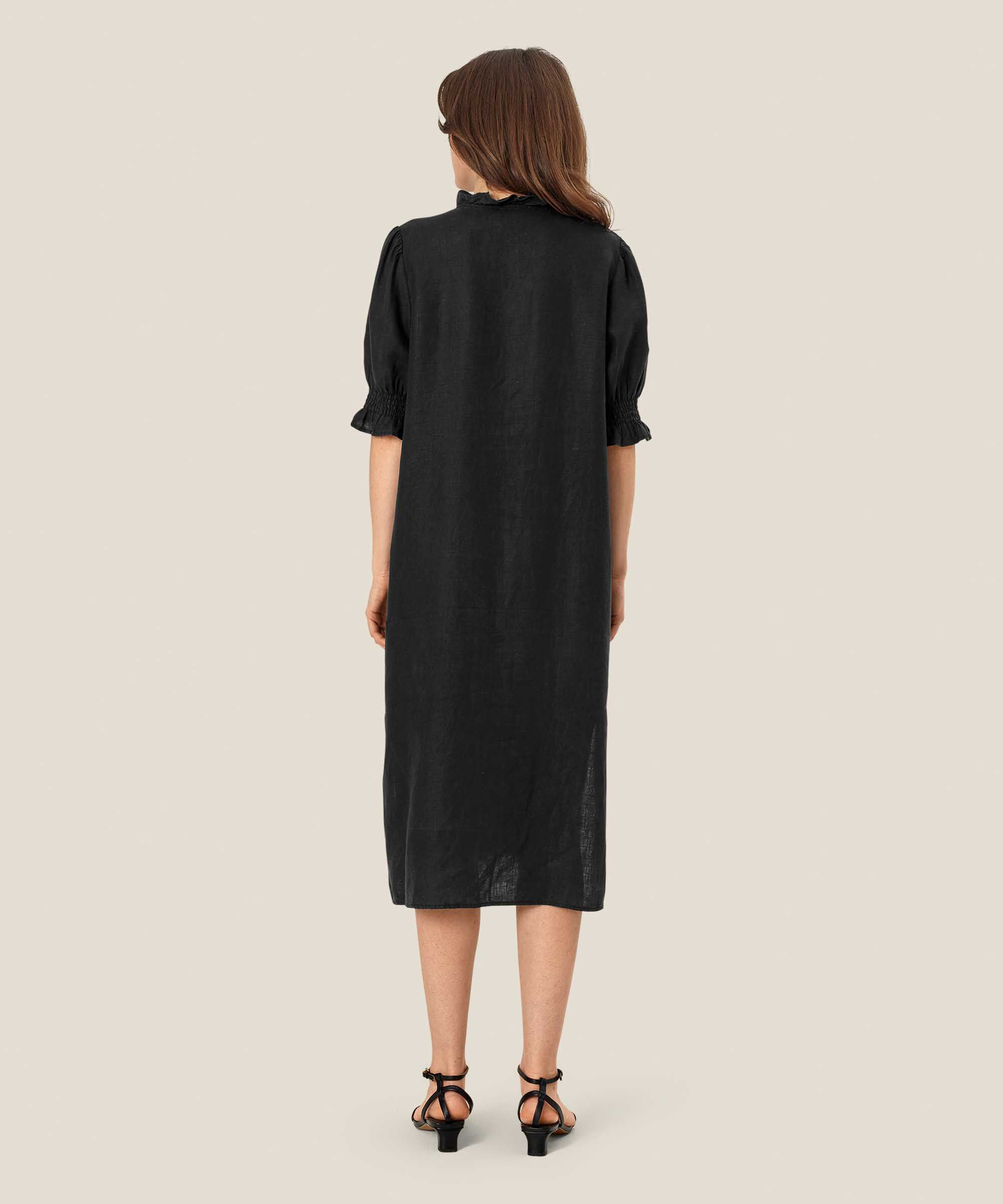 robe en lin à manches courtes et décolleté à volants, Black