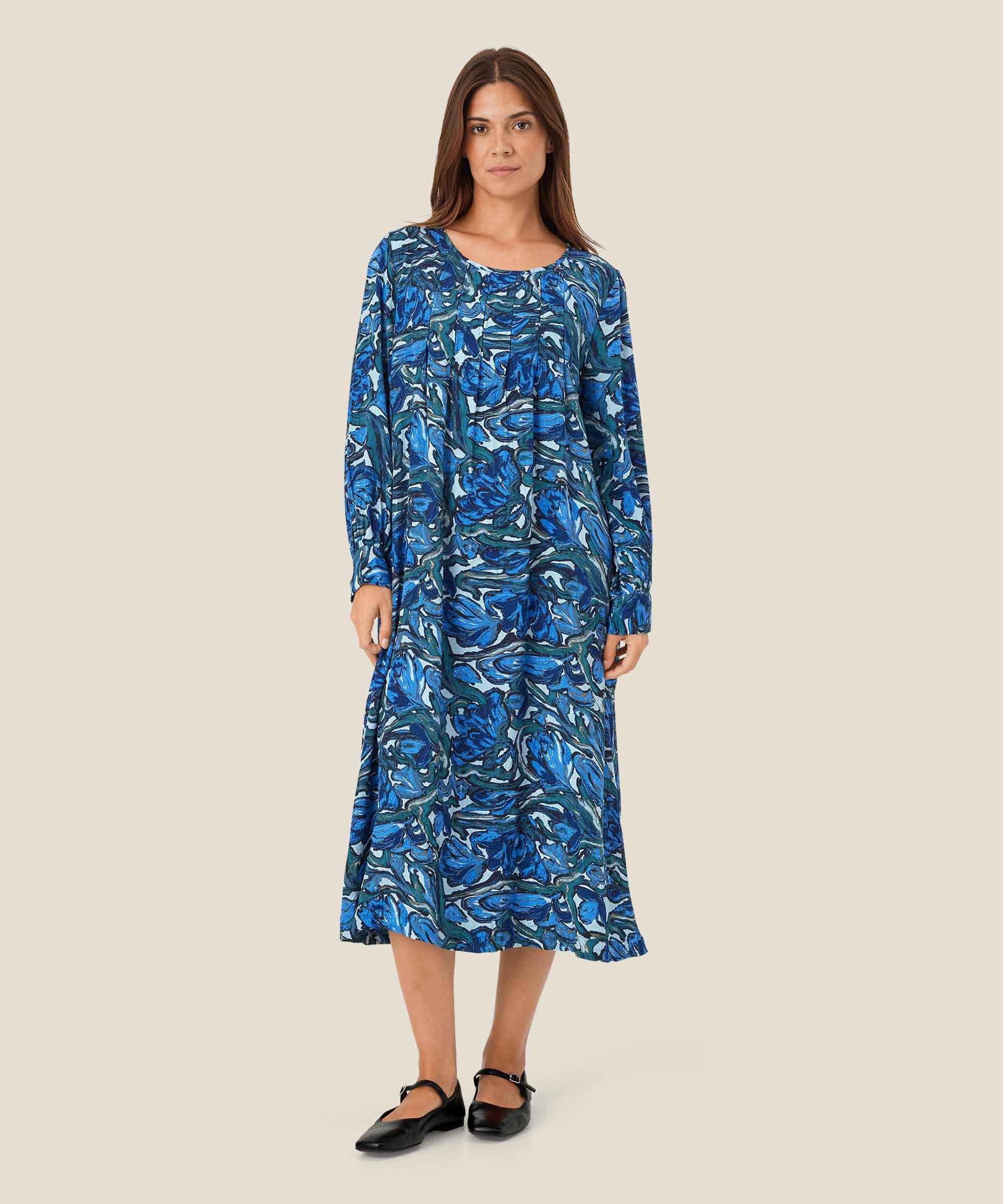 robe en viscose imprimée à manches longues, Blue Fog