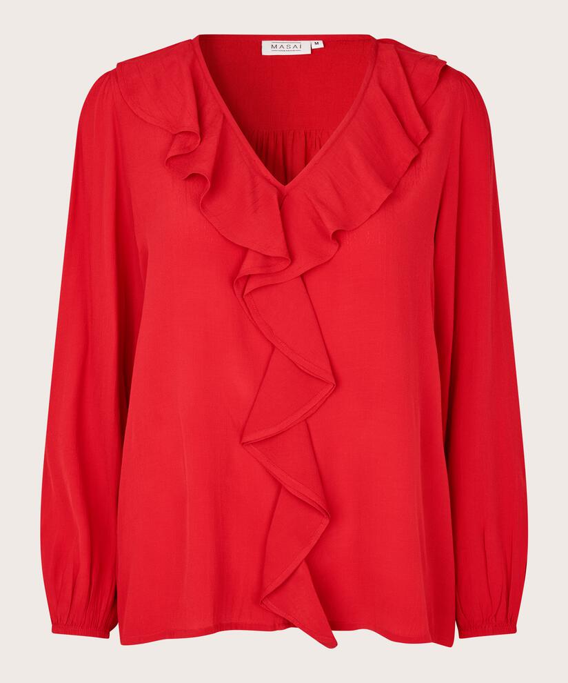 blouse en viscose à col en V et volants, Scarlet Sage