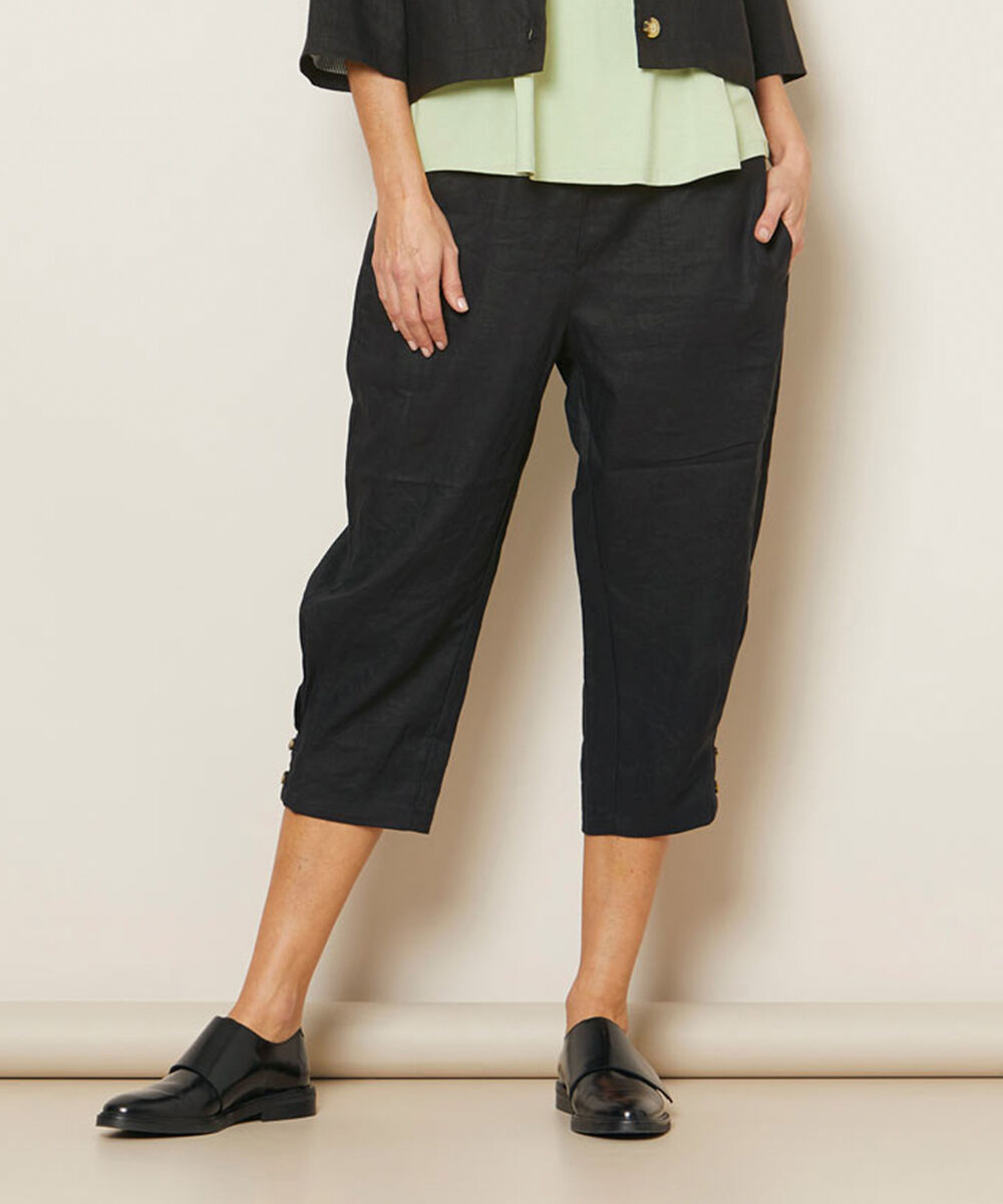 pantalon en lin avec large &eacute;lastique smock&eacute; au dos, Black