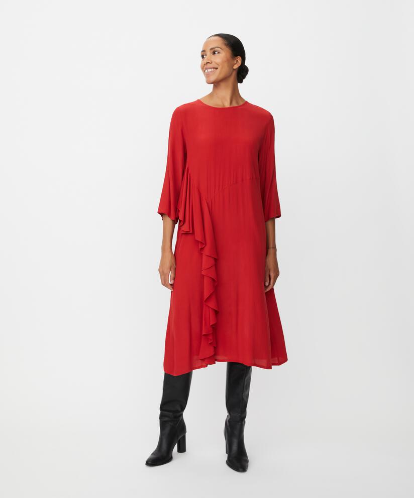 robe en viscose à col rond et volants, Scarlet Sage