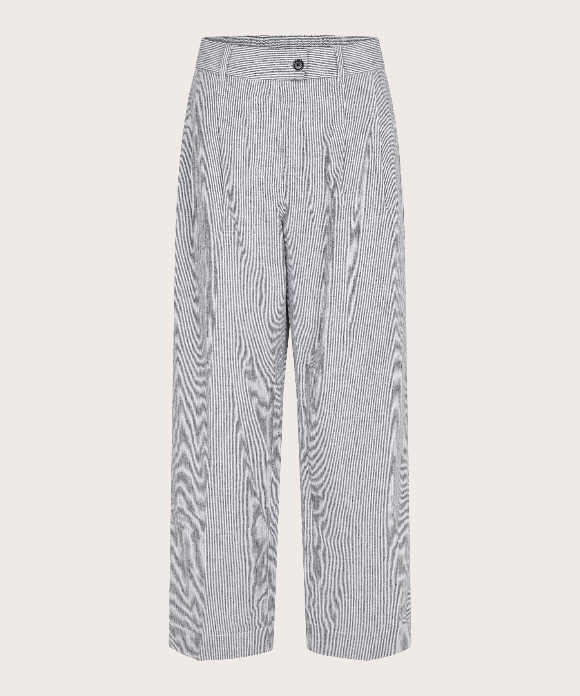 pantalon rayé en mélange de lin avec élastique au dos, Black