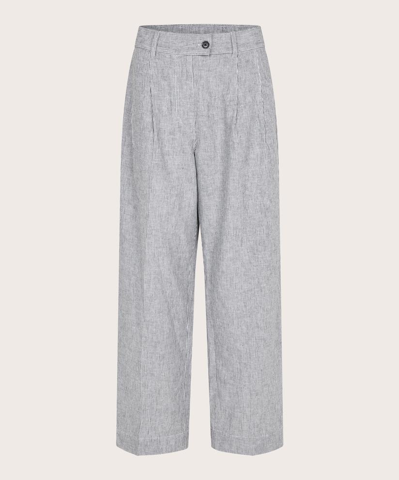 pantalon rayé en mélange de lin avec élastique au dos, Black