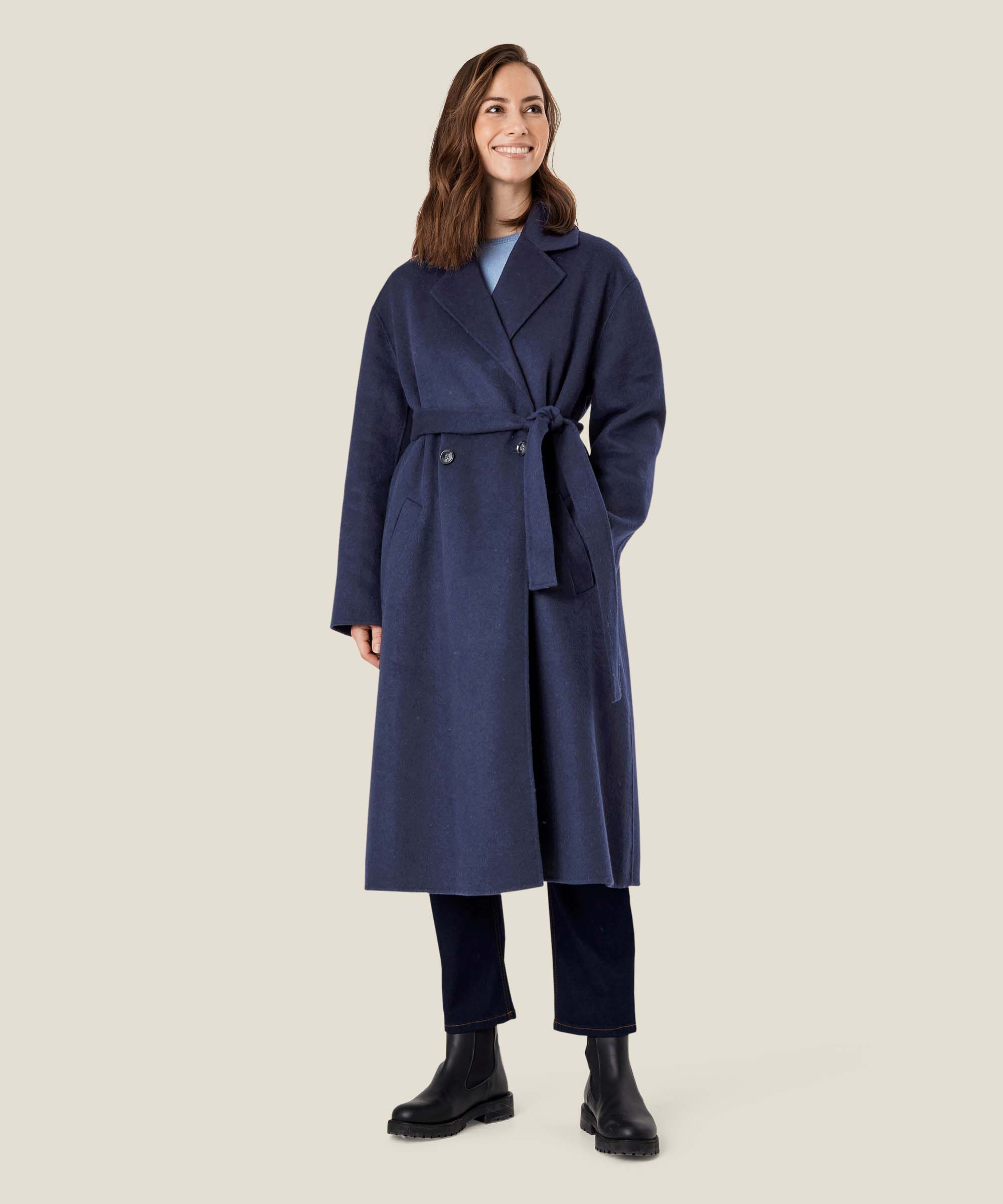 manteau long en laine avec liens, Maritime Blue