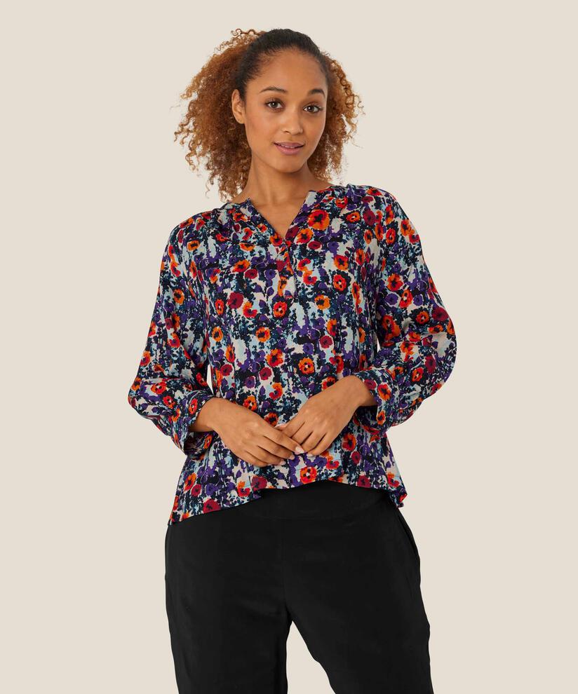 Top en viscose fleuri col V avec boutons, Meadow Violet