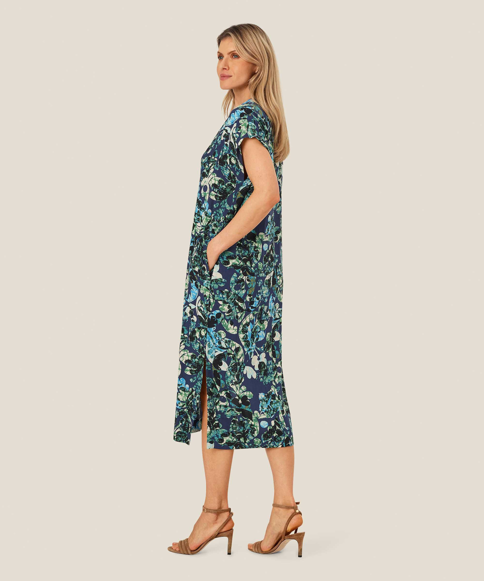 Robe En Viscose Imprimée Avec Décolleté En V Profond, Mood Indigo