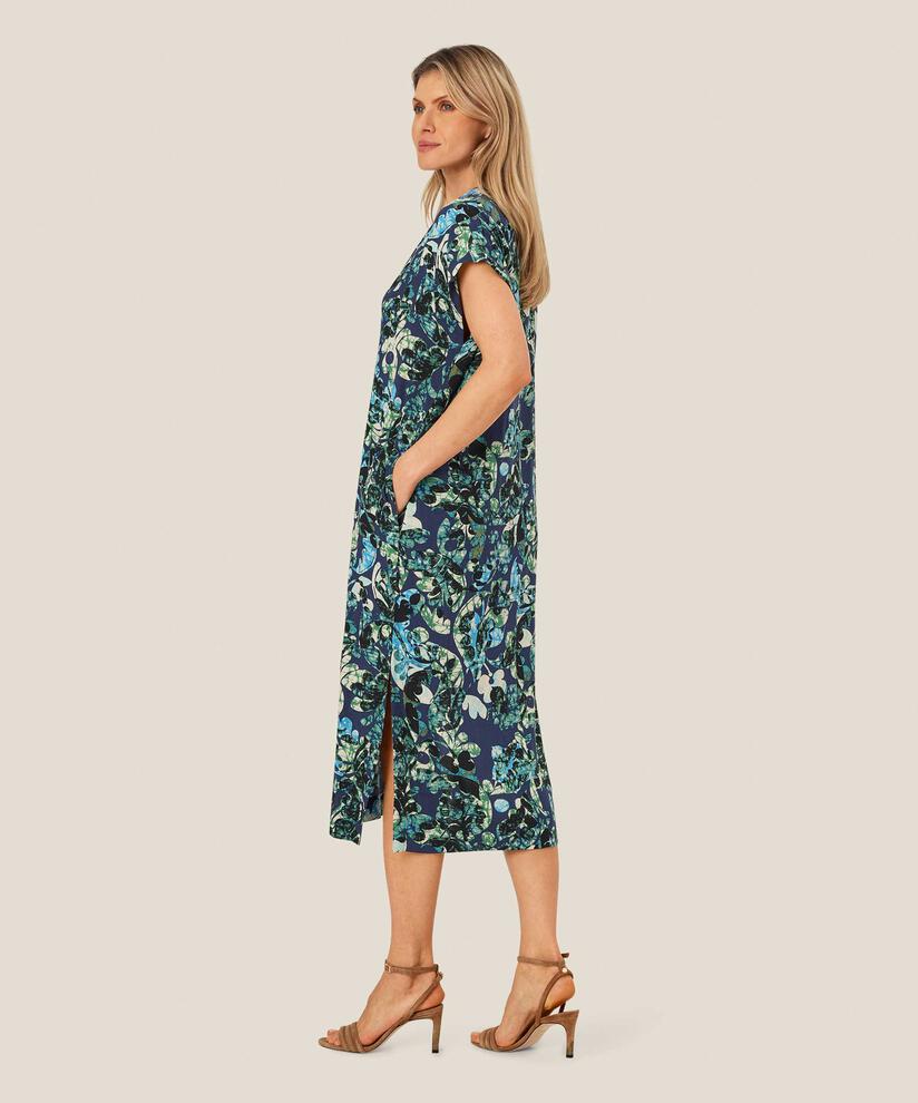 Robe En Viscose Imprimée Avec Décolleté En V Profond, Mood Indigo