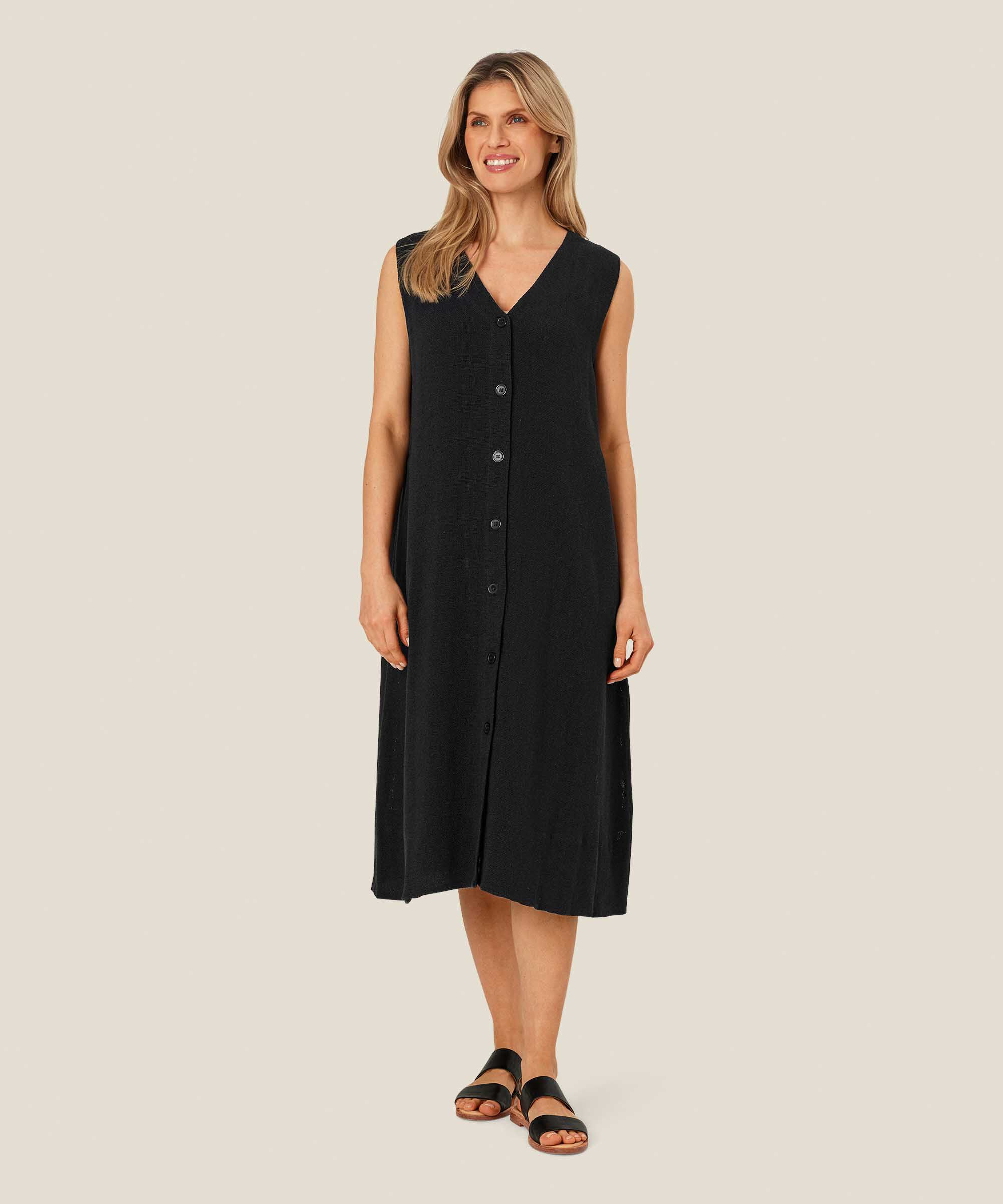 Robe bouclée boutonnée sans manches, Black