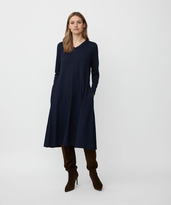 Robe En Jersey À Manches Longues Et Poches Fendues, Navy