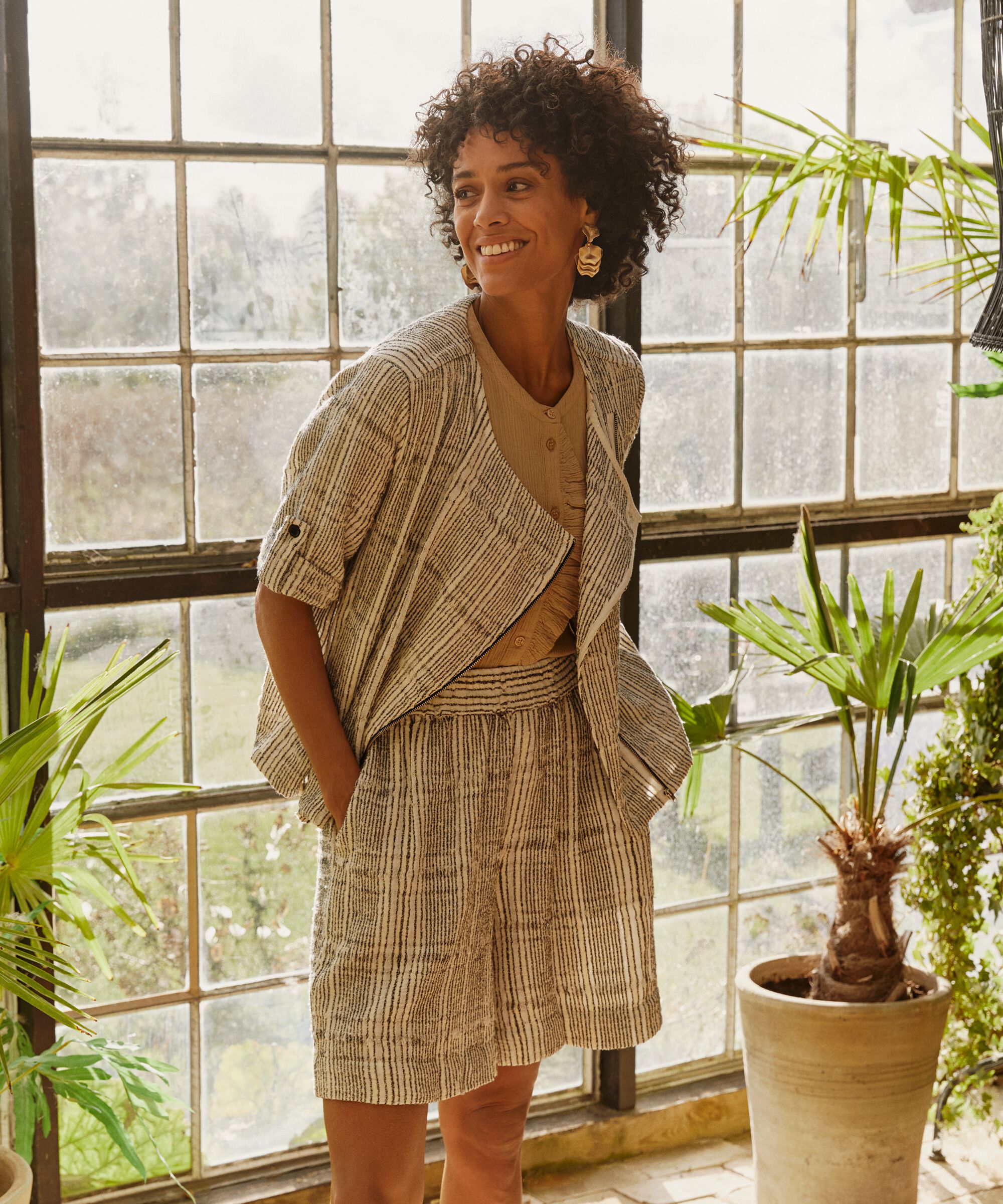 Short en coton mélangé à carreaux avec taille élastique, Fog
