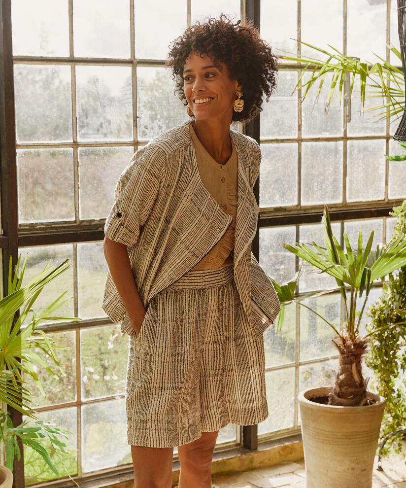 Short en coton mélangé à carreaux avec taille élastique, Fog
