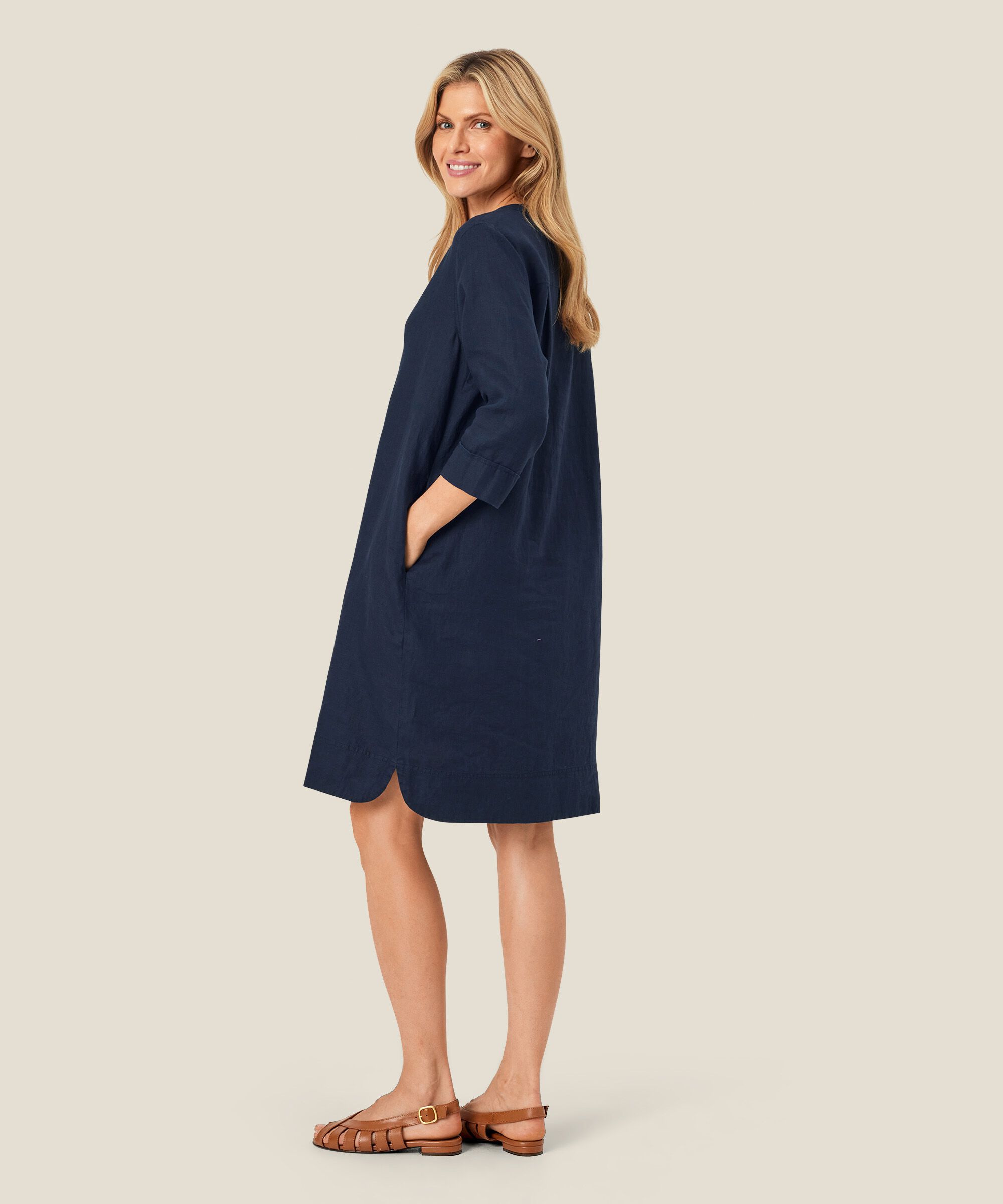 robe en lin avec col en V et poches fendues, Navy