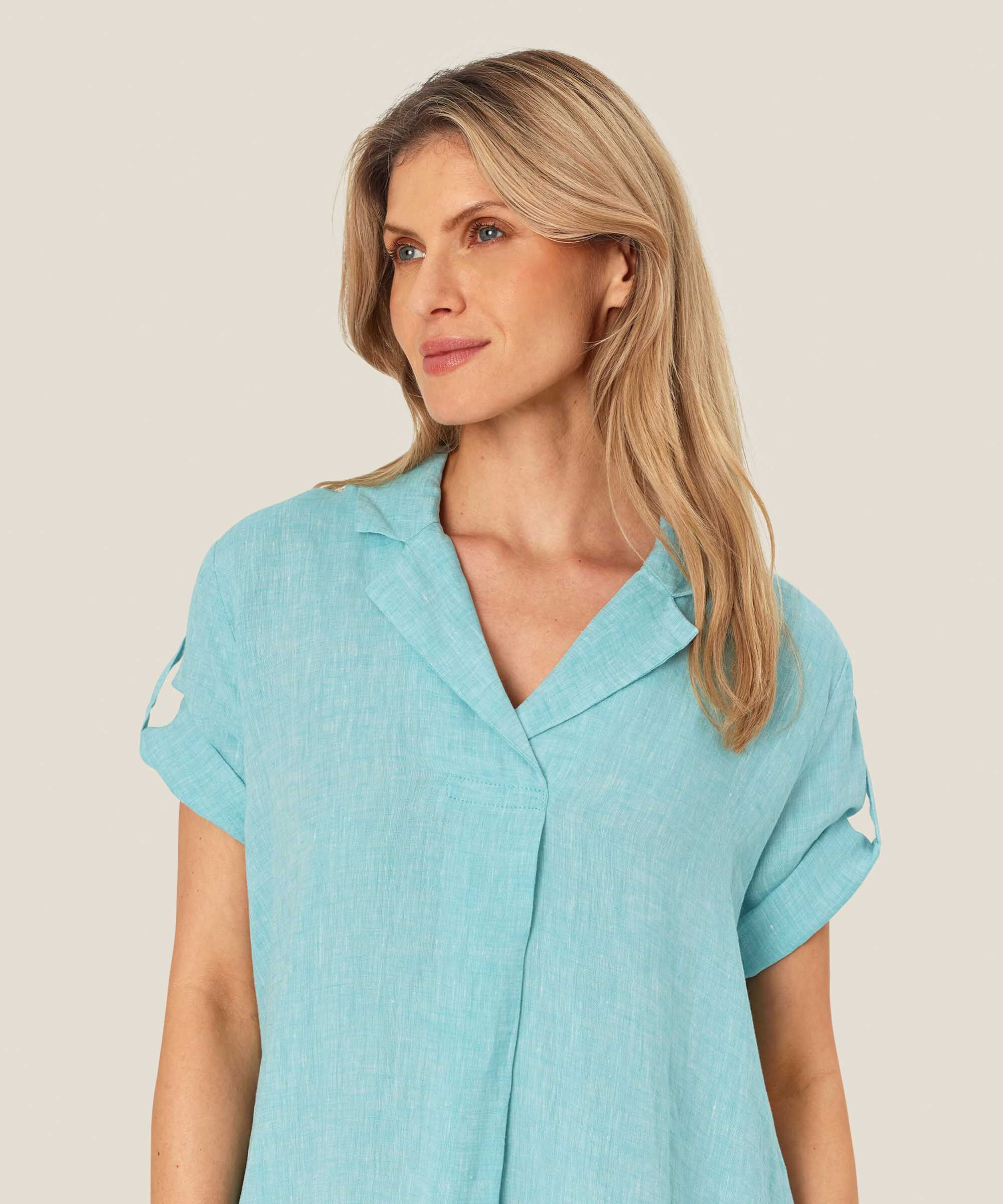 robe en lin avec poches fendues et fente latérale, Aqua