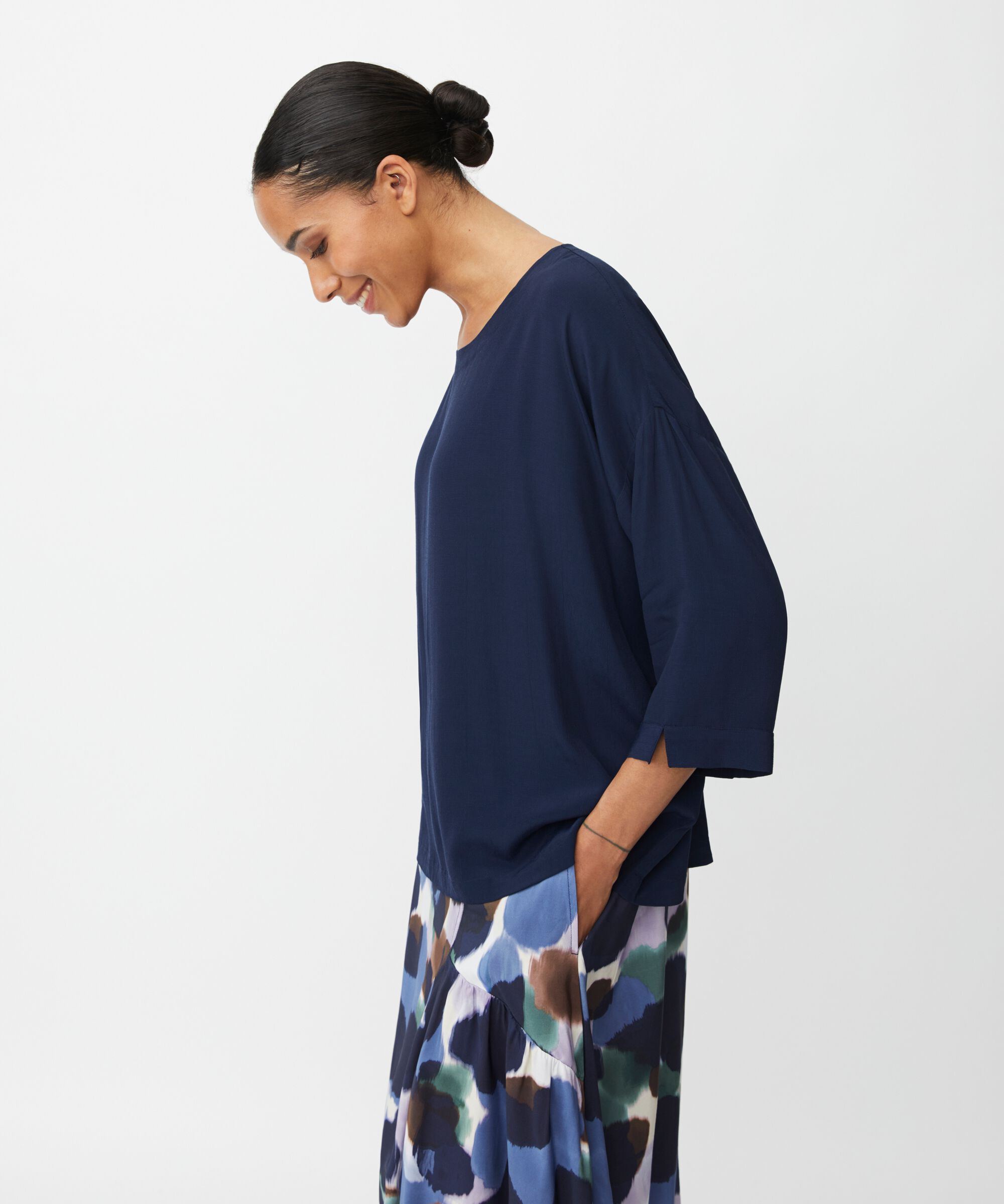 Blouse En Viscose À Manches 3/4, Navy Blazer
