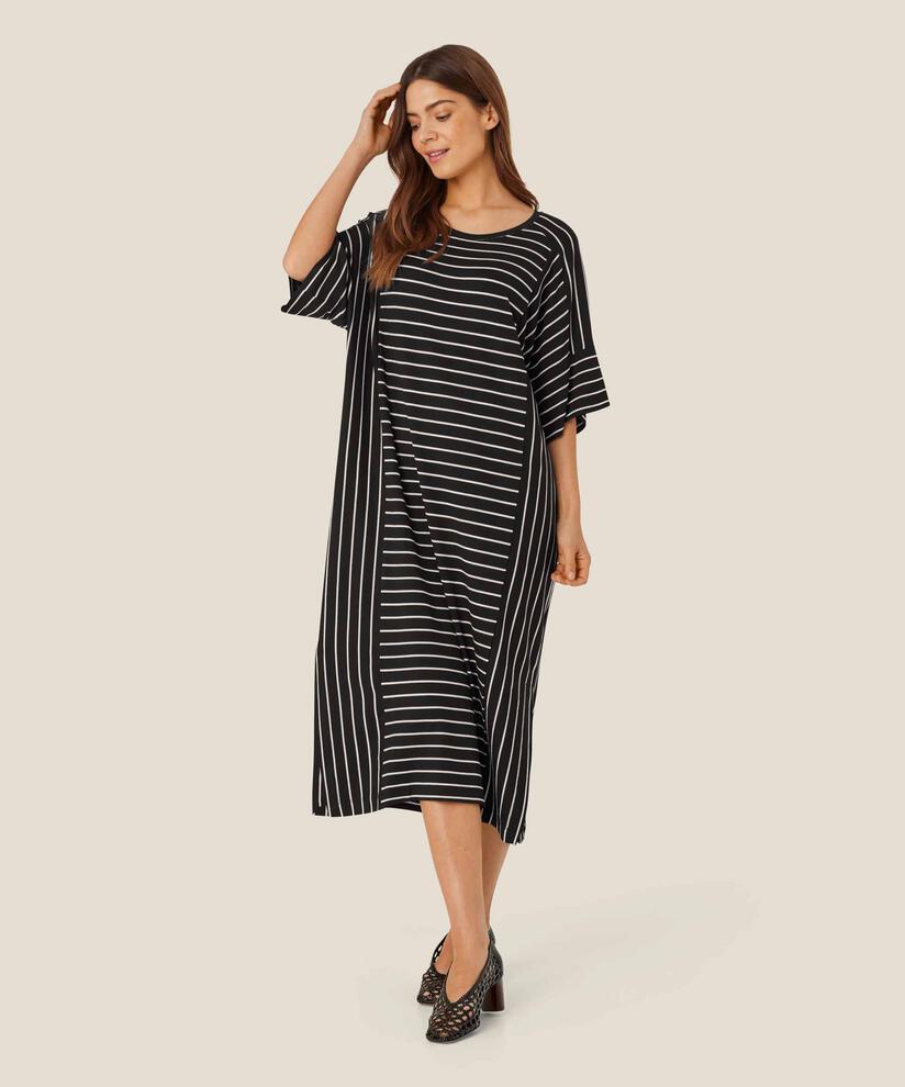 robe en jersey rayé à col rond, Black