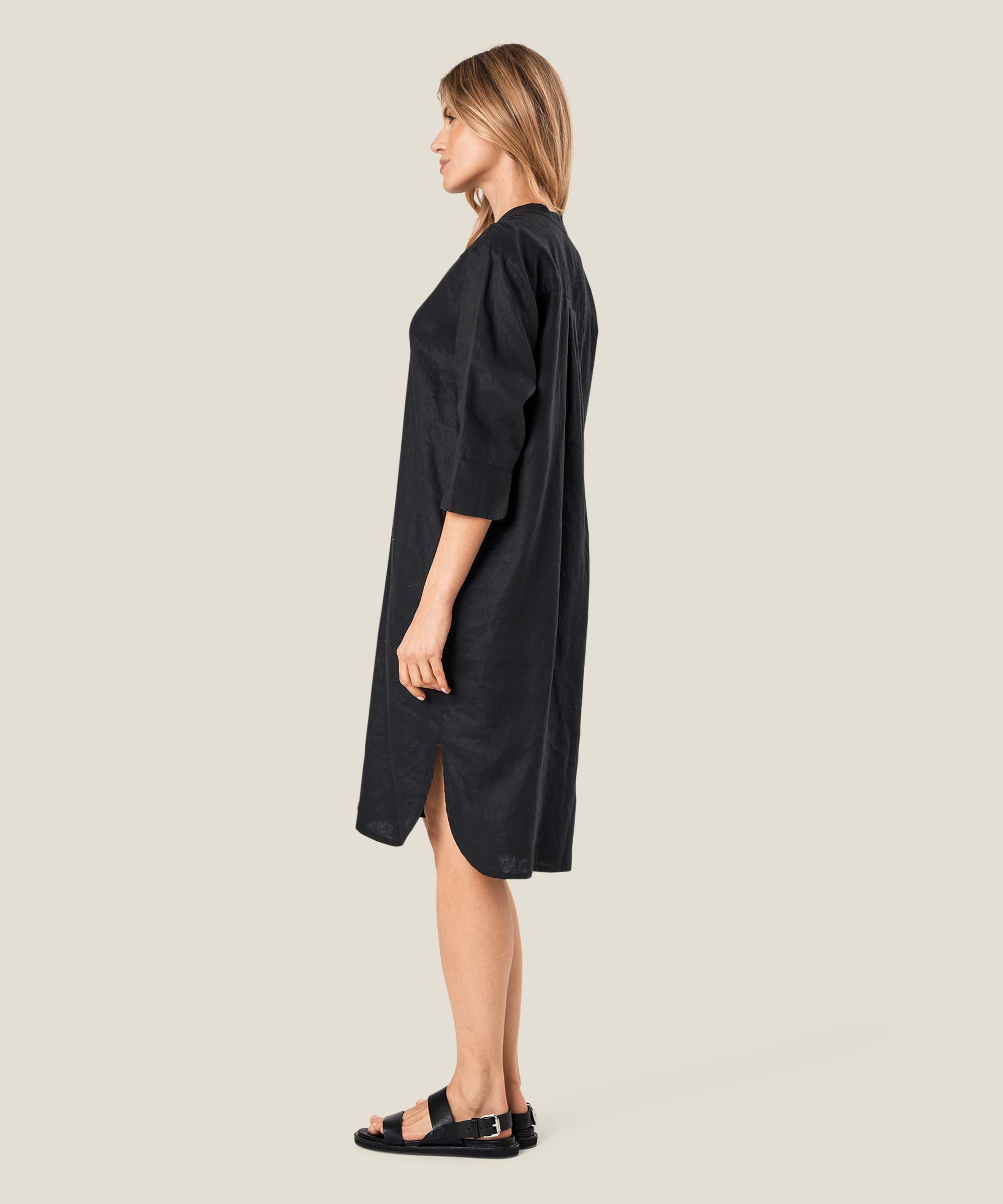 robe-chemise en lin avec manches trois-quarts, Black
