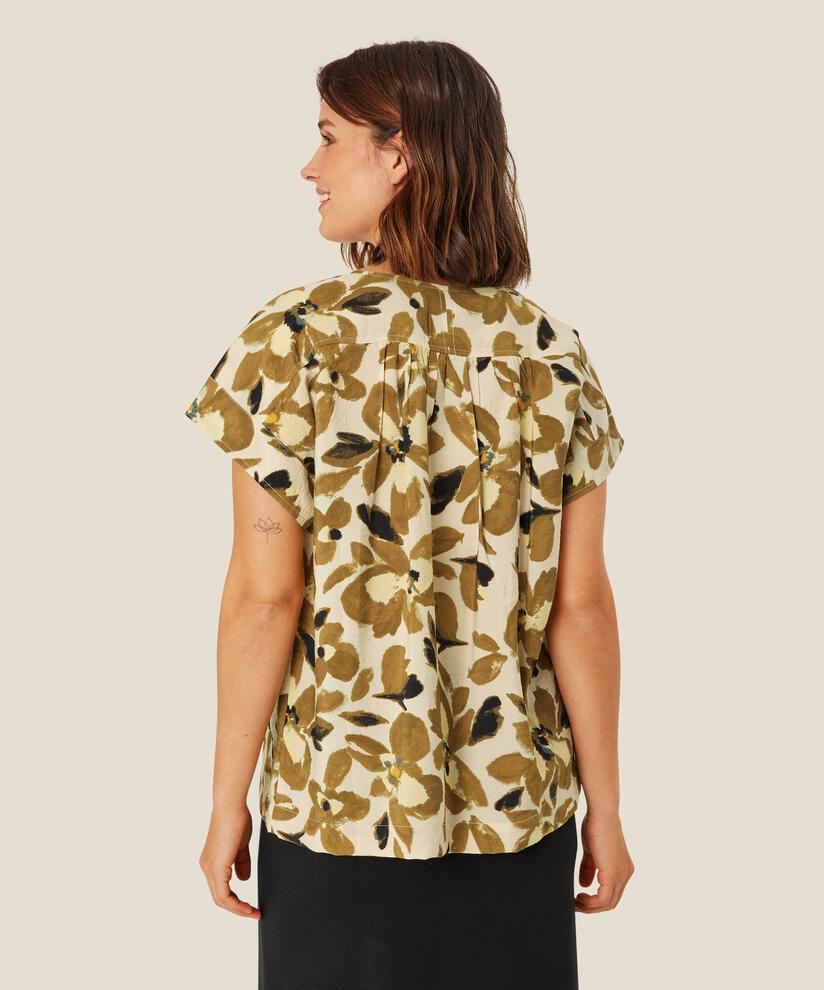 blouse en viscose avec col en V et plis au dos, Dull Gold
