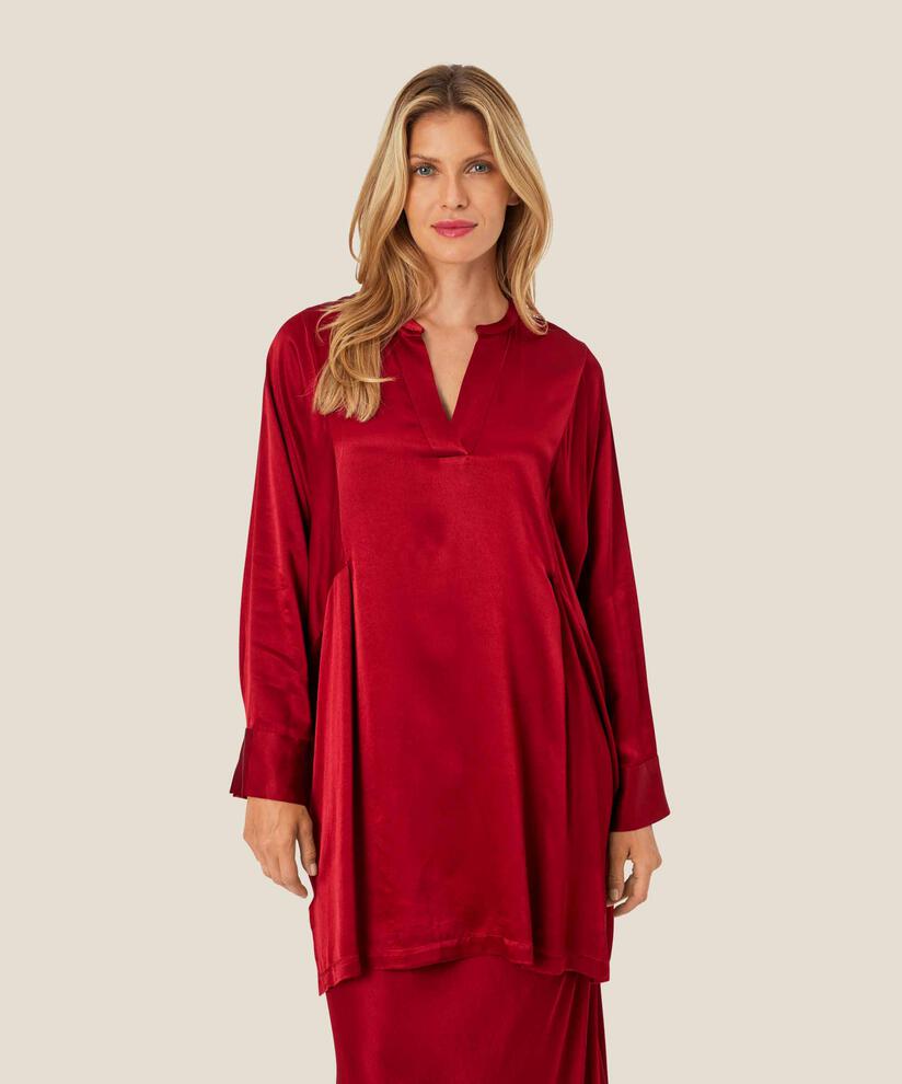 Tunique en satin de viscose avec décolleté en V profond, Red Dahlia
