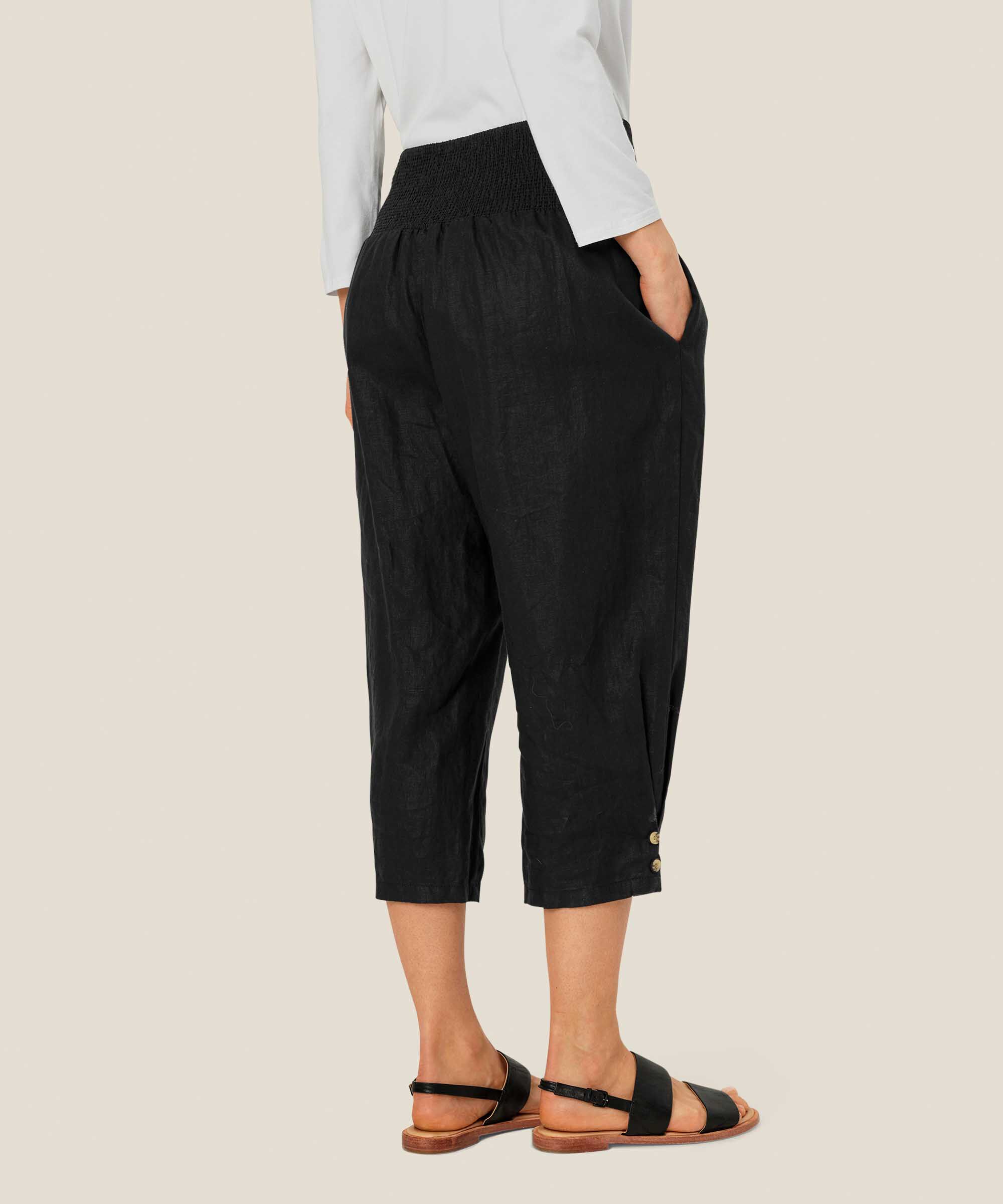 pantalon en lin avec large élastique smocké au dos, Black