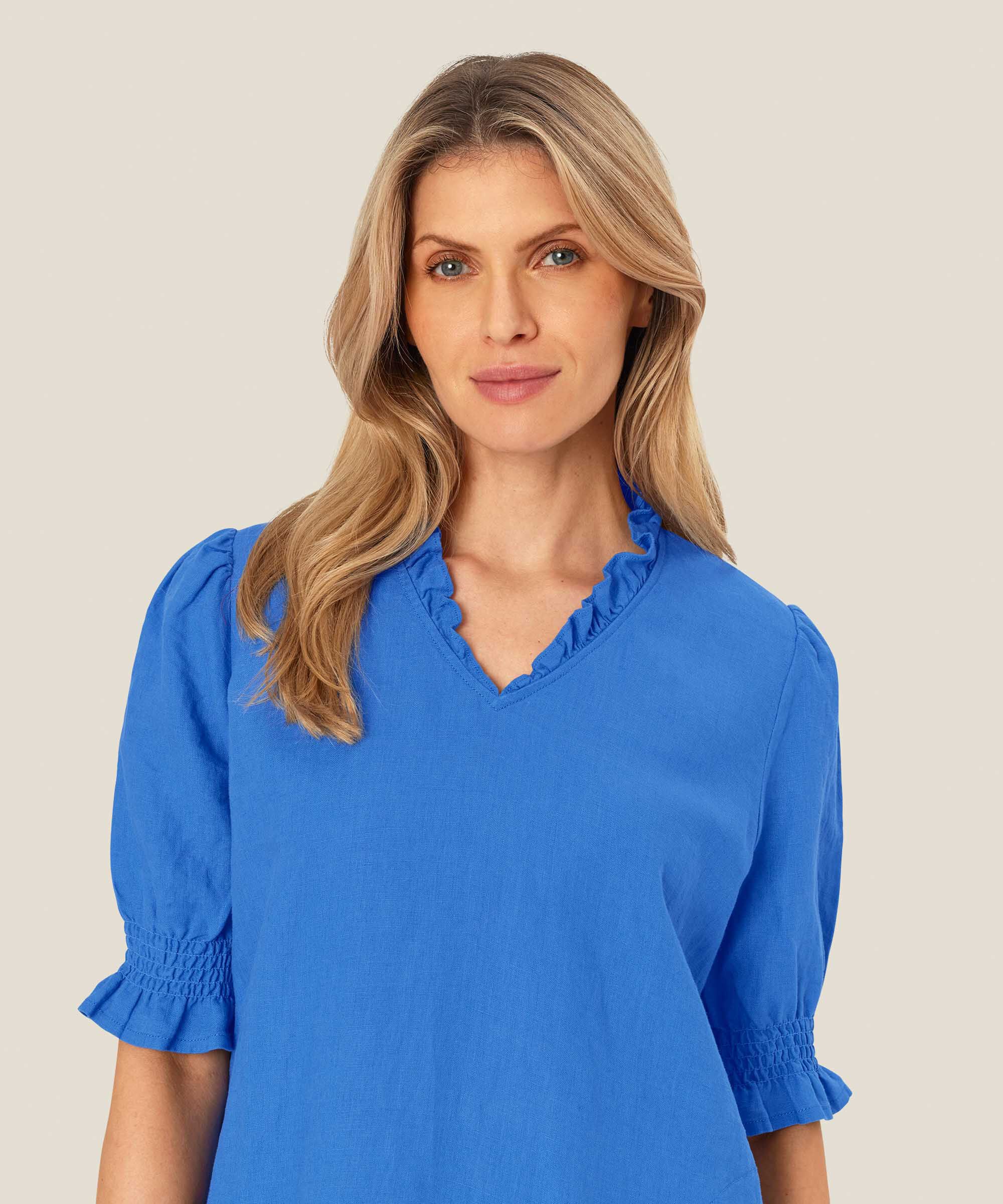 robe en lin à manches courtes et décolleté à volants, Nebulas Blue