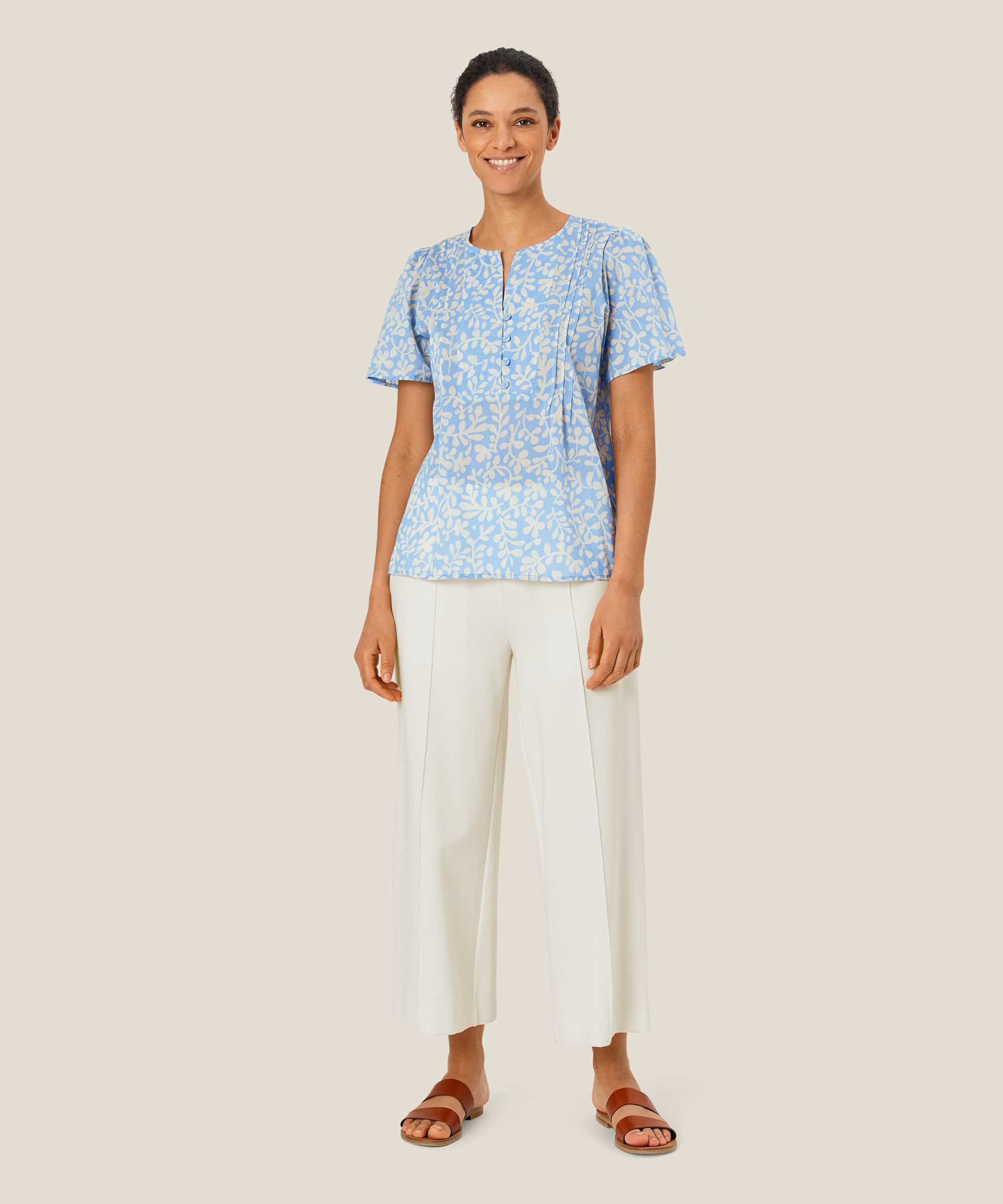 blouse en coton fleuri avec col en V, Della Blue