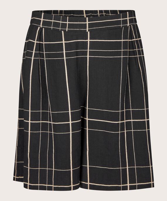 short en mélange de lin imprimé avec élastique au dos, Black