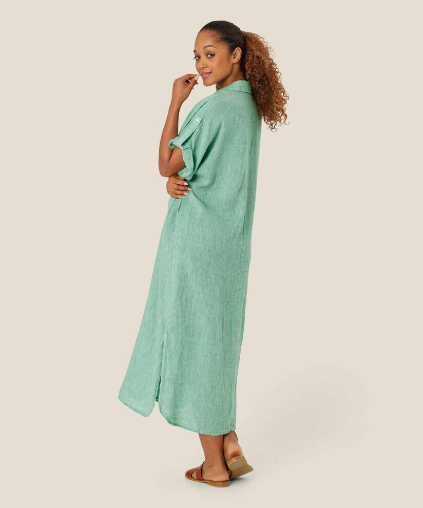 robe longue en lin avec col et fente latérale, Green Spruce