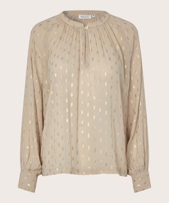 Blouse légèrement transparent à pois dorés et bouton au col, Oxford Tan